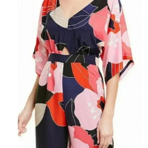 Trina Turk Women's Blue/Pink Flounce-Hem Floral V-Neck Jumpsuit 10 - Picture 3 of 8